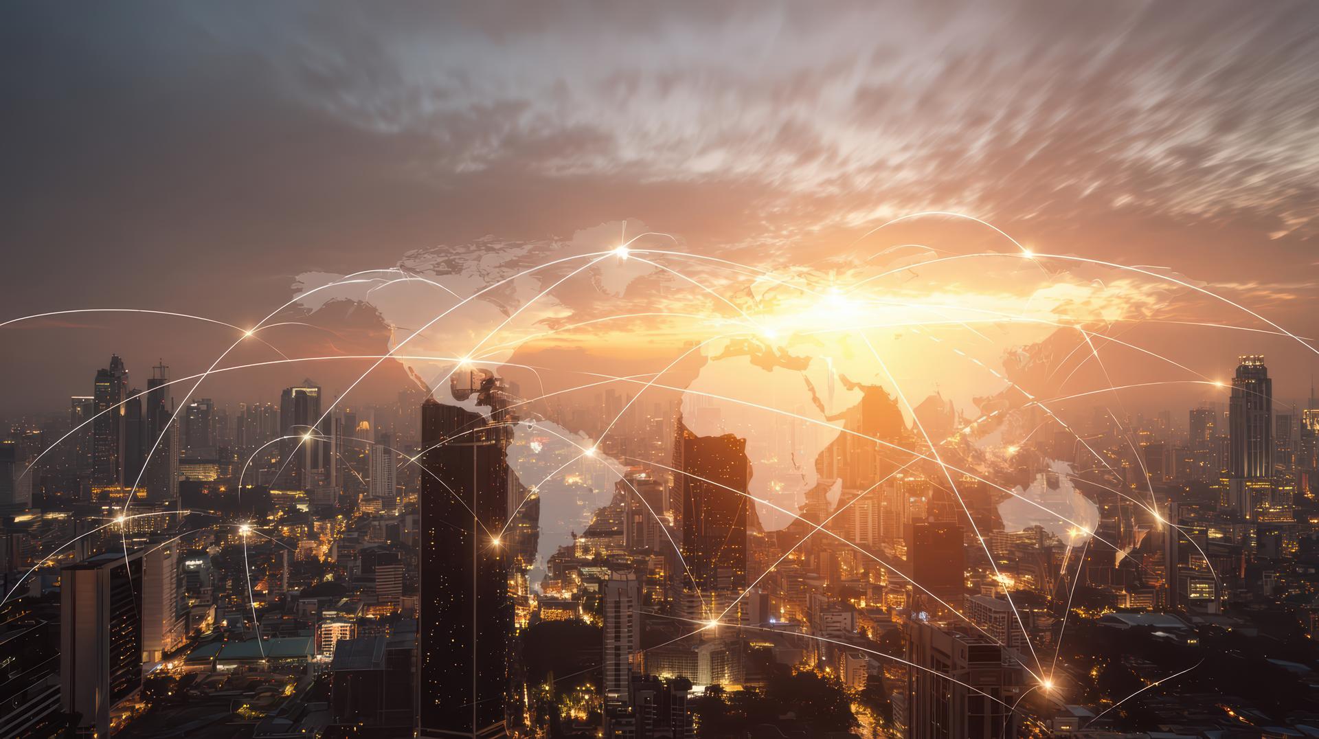 Global Network Connectivity Modern City Skyline Sunset